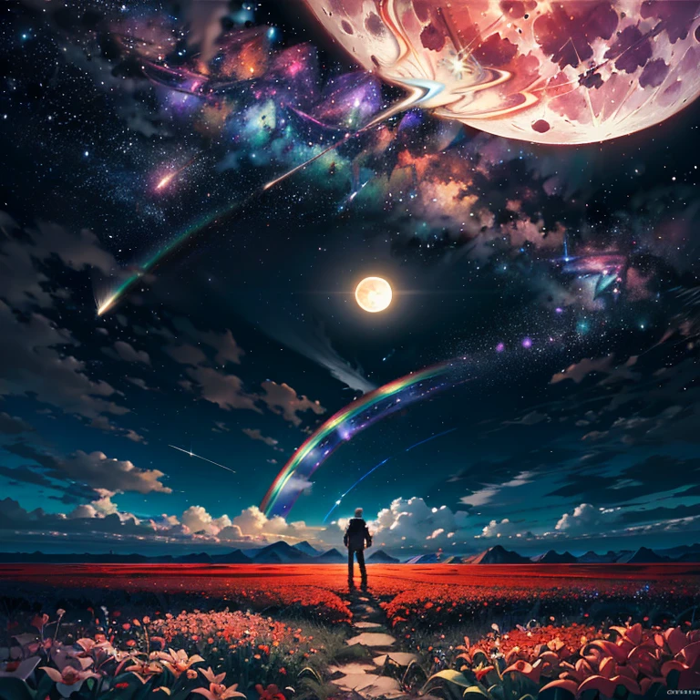 Photographs of vast landscapes, (seen from below, the sky is above、The fields are below), A boy wearing kimoto and standing in a flower field looking up, (full moon: 1.2), (meteor: 0.9), (nebula: 1.3), distant mountain々 , Break Tree Craft, (warm light: 1.2), (firefly: 1.2), light, Lots of purple and orange, intricate details, volume lighting, break down realism (works of art: 1.2), (better quality), 4k, Super detailed, (dynamic composition: 1.4), very detailed, colorful details, (Rainbow-colored: 1.2), (bright lighting, atmosphere lighting), dreamer, magic, (alone: 1.2)