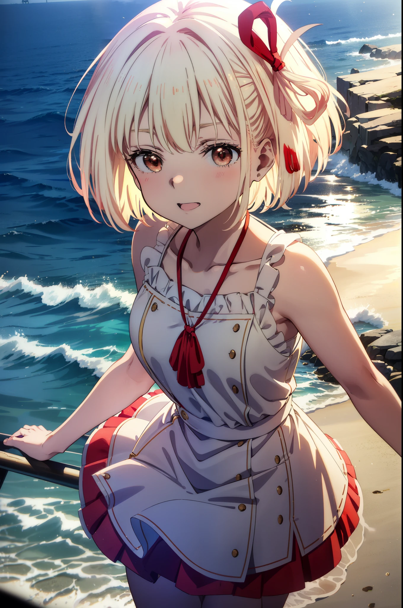 chisatonishikigi, Chisato Nishikigi, Short Hair, bangs, blonde,Bobcut, White hat(Red eyes:1.5), Hair Ribbon,One side up,happy smile, smile, Open your mouth,smile,blush,Red sleeveless dress,White long skirt,Bare arms,Rocket Pendant,Cute Sandals,real summer,sunny,It's as if your whole body is in the illustration., break outdoors, Coastal Road, break looking at viewer, (Cowboy Shot:1.5), break (masterpiece:1.2), highest quality, High resolution, unity 8k wallpaper, (shape:0.8), (Beautiful details:1.6), Highly detailed face, Perfect lighting, Highly detailed CG, (Perfect hands, Perfect Anatomy),