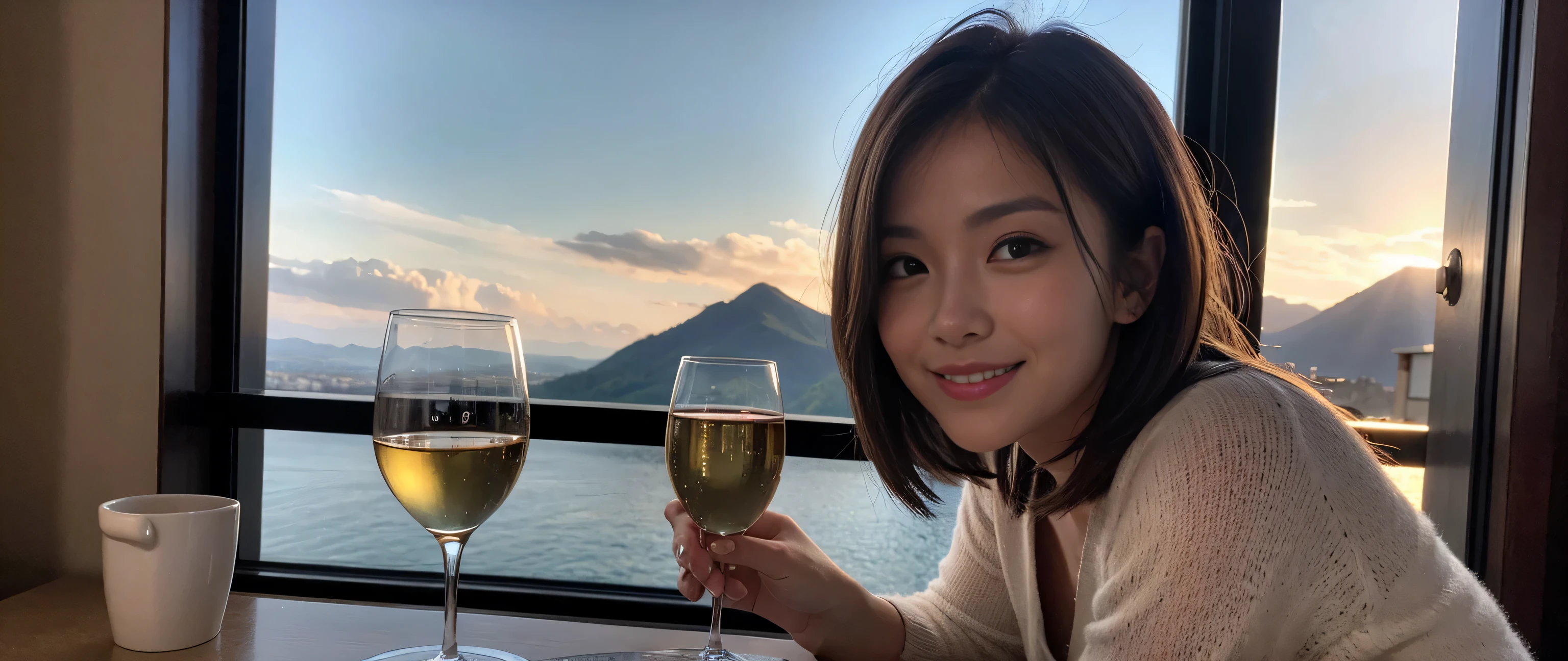 ((highest quality、8K、masterpiece:1.3))、Beautiful woman perfect body:1.4、slimなボディ、((Bob Hale、straight hair:1.2))、 ultra high resolution, bright image、2. Wine Beauties, beautiful face, blue eyes, fine eyes, light shines on your face, blush your nose, short hair,Spectacular view of the sunset sky and clouds、Amazing mountain views、ニコニコ明るいsmile、smileの素敵な女性、bright face、Fox face、lady、Champagne、Wine bottle、wine glass、red wine 、Appetizer、Italian food、two beauties、brown hair、shortcut、long sleeve shirt、winter fashion、dress、wine bottle、sparkling wine、Pretty Woman 1, (slimな顔), (brown hair), (shortcut), cheeks turn a little red, (36 years old), 39 years old, charming beauty、restaurant, nova frog style, actress, model, Upper body, White wine, slim, wine glass, 真ん中に置かれたwine glass, smile, (smile: 1.15), 綺麗なfine eyes, Strong light and shadow,moist body:1.5、delicate eyes、brown hair、The hair is very shiny、