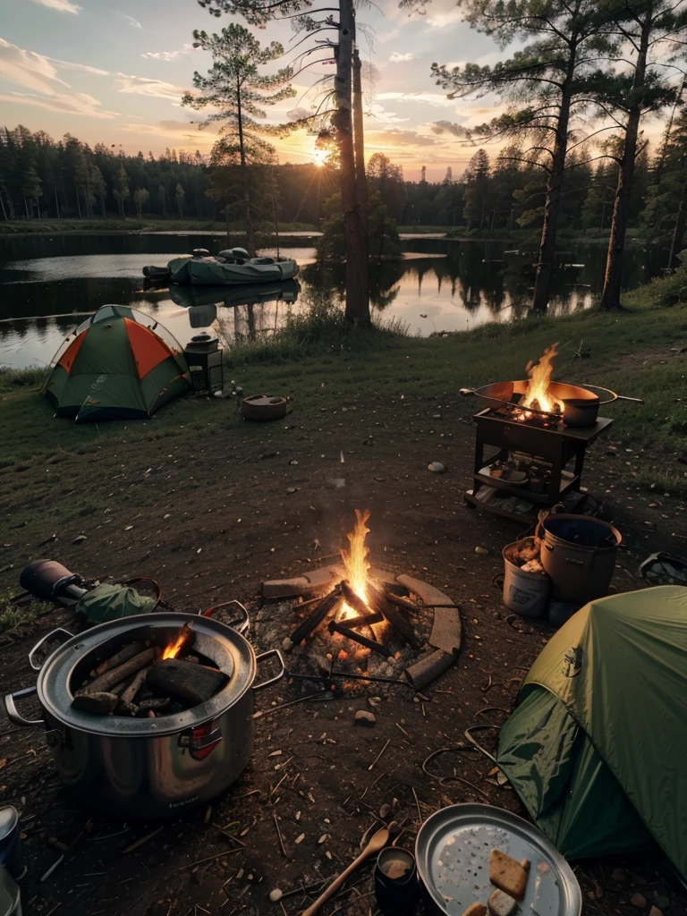 (best quality,4k,highres),(realistic:1.37),survival camping tools,cooking,forest,lake,nature,adventure,campfire,firewood,tent,fishing rod,backpack,sleeping bag,dutch oven,cookware,set up camp,roasting marshmallows,relaxing,exploring,sunset,reflection