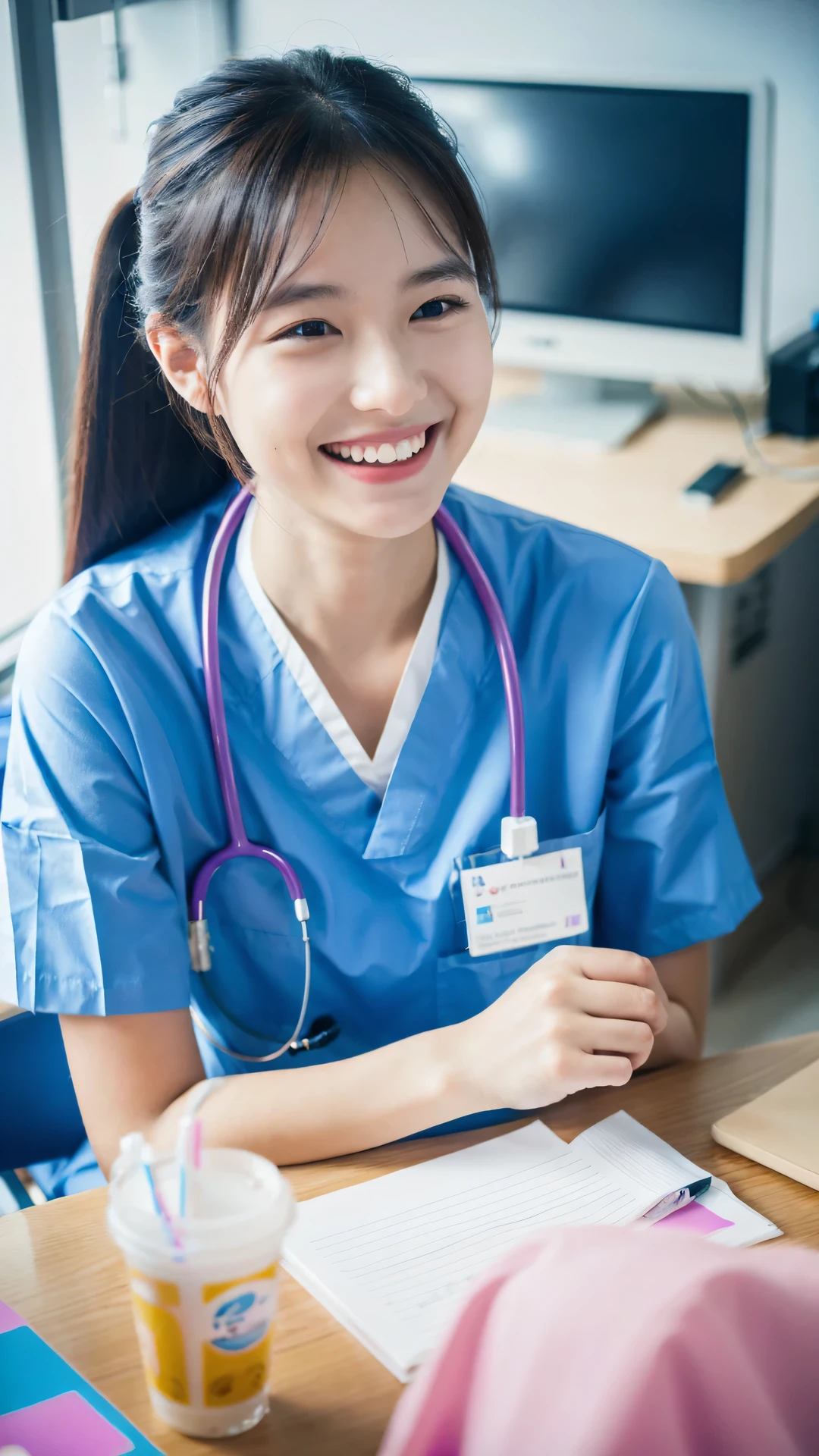 (Raw photo, highest quality), (8K, highest quality, masterpiece: 1.2), Super detailed, super resolution, beautiful girl, (great laughing:1.1), working at hospital, Pov