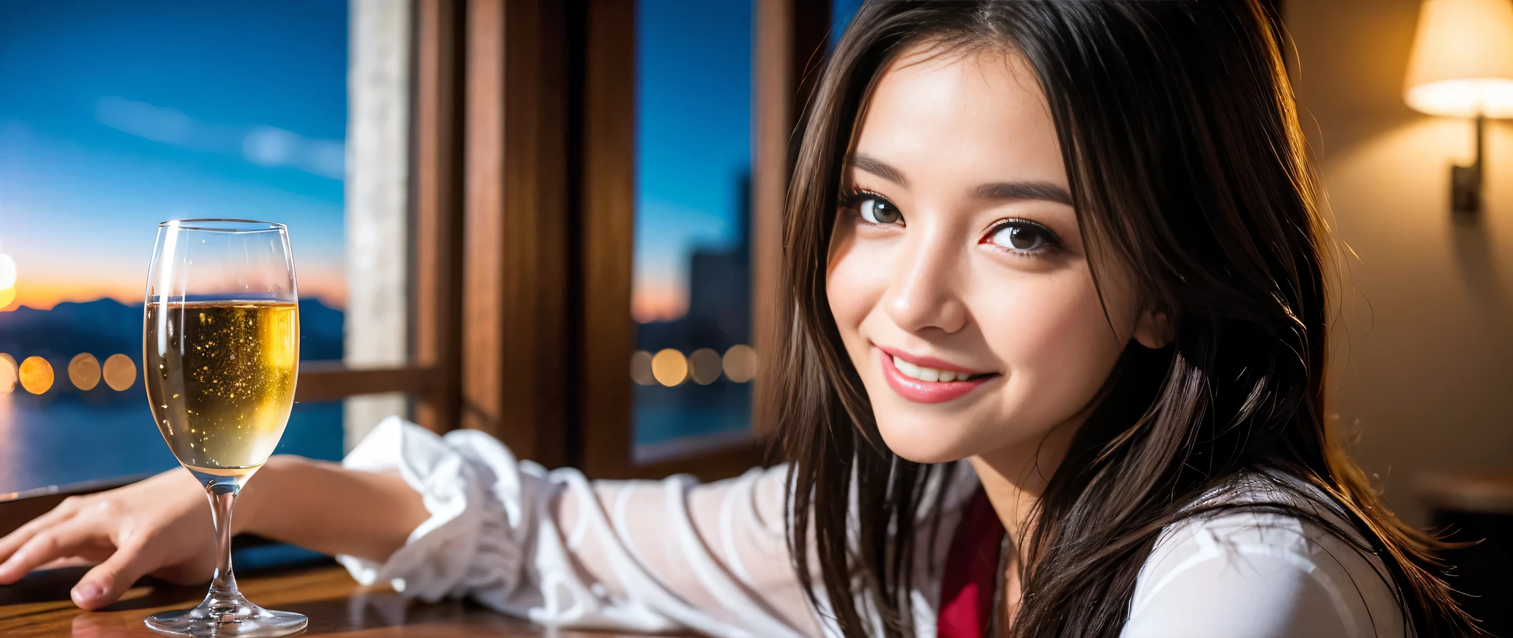 ((highest quality、8k、masterpiece:1.3))、Sharp focus:1.2、Beautiful woman perfect body:1.4、Slim body、((Bob Hale、Straight hair:1.2))、(to be born, highest quality, masterpiece:1.5), (Realistic, Intricate details:1.2), Ultra-high resolution, Lighting the face、Spectacular view of the sunset sky and clouds、Amazing mountain views、A bright smile、wine glass、red wine 、Appetizer、Italian food、Wine bottle、Champagne、sparkling wine、, Beautiful Face, blue eyes, The light shines on your face, Blushing, short hair,Bright Face、Fox face、 (42 years old), 40 years old, Lady、Two beauties、Brown Hair、Shortcuts、Long sleeve shirt、dress、Pretty Woman 1, (slim face), (The body is slim), (Brown Hair), (Shortcuts), cheeks turn a little red,Attractive beauty、, Out of the window, A beautiful and detailed night view unfolds.........., restaurant, In a prominent place (From the waist up) Nova Frog Style, actress, model, Upper Body, White wine, slim, wine glass, A wine glass placed in the middle, smile, (smile: 1.15), Beautiful fine grain, Depth f/2,saturation, High Contrast, Strong light and shadow,Moist Body:1.5、3D texture、Delicate eyes、Brown Hair、The hair is very shiny、