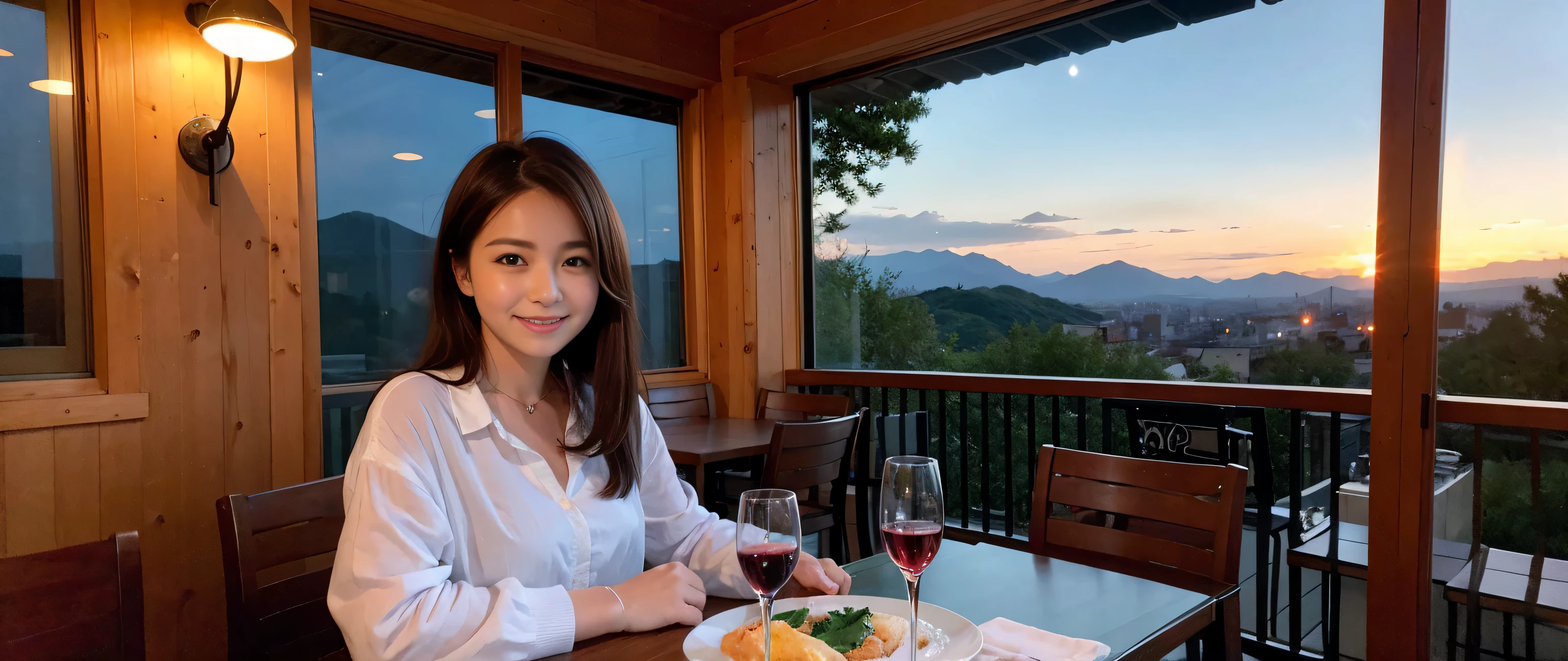 ((highest quality、8k、masterpiece:1.3))、Sharp focus:1.2、Beautiful woman perfect body:1.4、Slim body、((Bob Hale、Straight hair:1.2))、(to be born, highest quality, masterpiece:1.5), (Realistic, Intricate details:1.2), Ultra-high resolution, Lighting the face、Spectacular view of the sunset sky and clouds、Amazing mountain views、A bright smile、wine glass、red wine 、Appetizer、Italian food、Wine bottle、Champagne、sparkling wine、, Beautiful Face, blue eyes, The light shines on your face, Blushing, short hair,Bright Face、Fox face、 (42 years old), 40 years old, Lady、Two beauties、Brown Hair、Shortcuts、Long sleeve shirt、dress、Pretty Woman 1, (slim face), (The body is slim), (Brown Hair), (Shortcuts), cheeks turn a little red,Attractive beauty、, Out of the window, A beautiful and detailed night view unfolds.........., restaurant, In a prominent place (From the waist up) Nova Frog Style, actress, model, Upper Body, White wine, slim, wine glass, A wine glass placed in the middle, smile, (smile: 1.15), Beautiful fine grain, Depth f/2,saturation, High Contrast, Strong light and shadow,Moist Body:1.5、3D texture、Delicate eyes、Brown Hair、The hair is very shiny、
