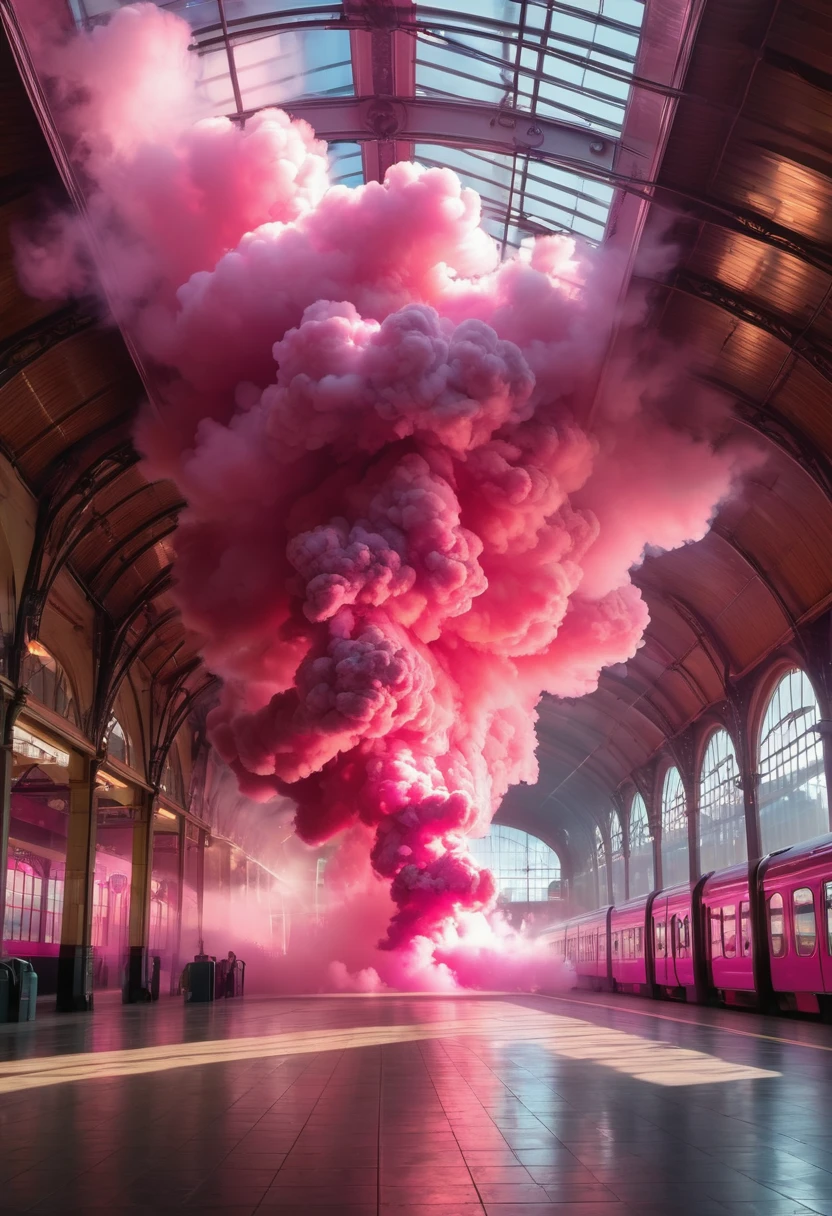 amazing quality, masterpiece, best quality, hyper detailed, ultra detailed, UHD, a cloud of pink smoke, inside a train station, ultra realistic, ray tracing, good lighting