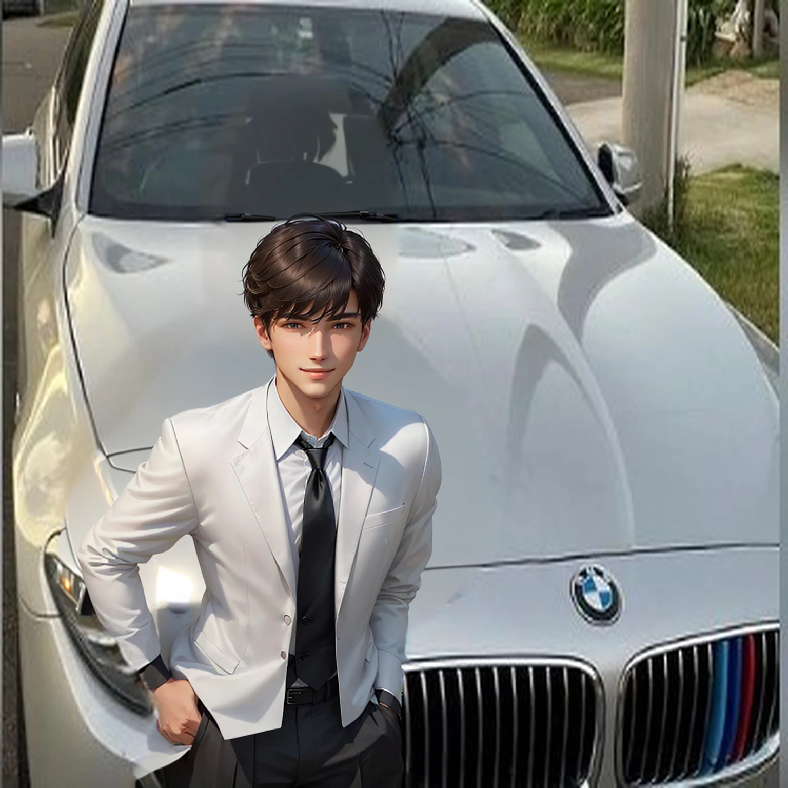 a young man.wear white shirt.Black suit pants.Wear blue tie.with a smile on face.Standing against the hood of a BMW.Cross your hands on your chest.young man with short hair.masterpiece, best quality, (Extremely detailed CG Unity 8K wallpaper), (best quality), (Best Illustration), (The best shadow), absurd, Realistic lighting, (abyss), Beautiful and delicate light, Artworks by Peter Mohr Bacher,