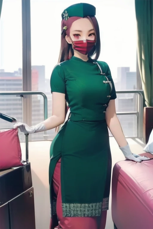 1woman, solo, nurse, nurse cap, white wear, ((red legwear, zettai ryouiki)), white gloves, forehead, long hair, green hair, pink eyes, ((white surgical mask, covered nose)), standing, ((hospital room)), sharp outline, short sleeves, mature female, 20 years old, best quality, masterpiece