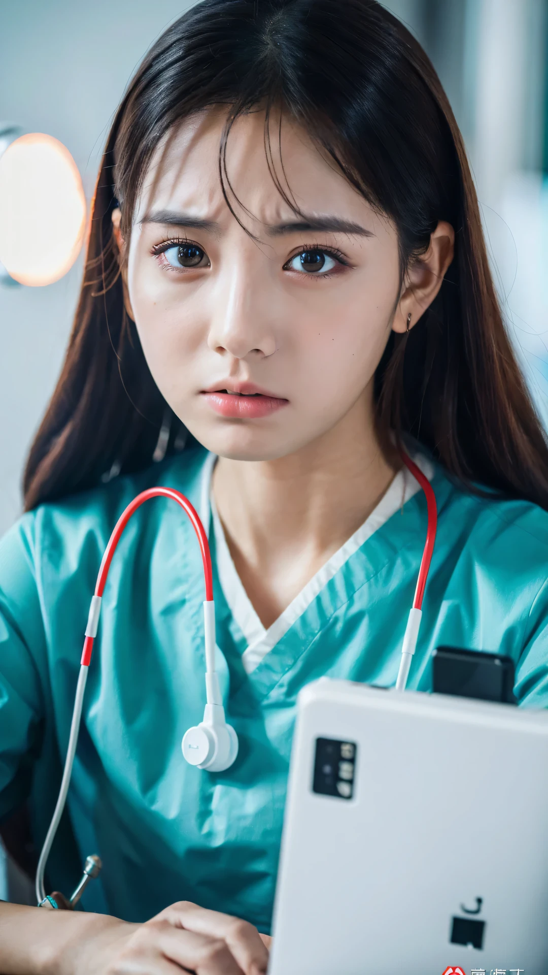 (Raw photo, highest quality), (8K, highest quality, masterpiece: 1.2), Super detailed, super resolution, beautiful girl, (angry:1.1), working at hospital, Pov