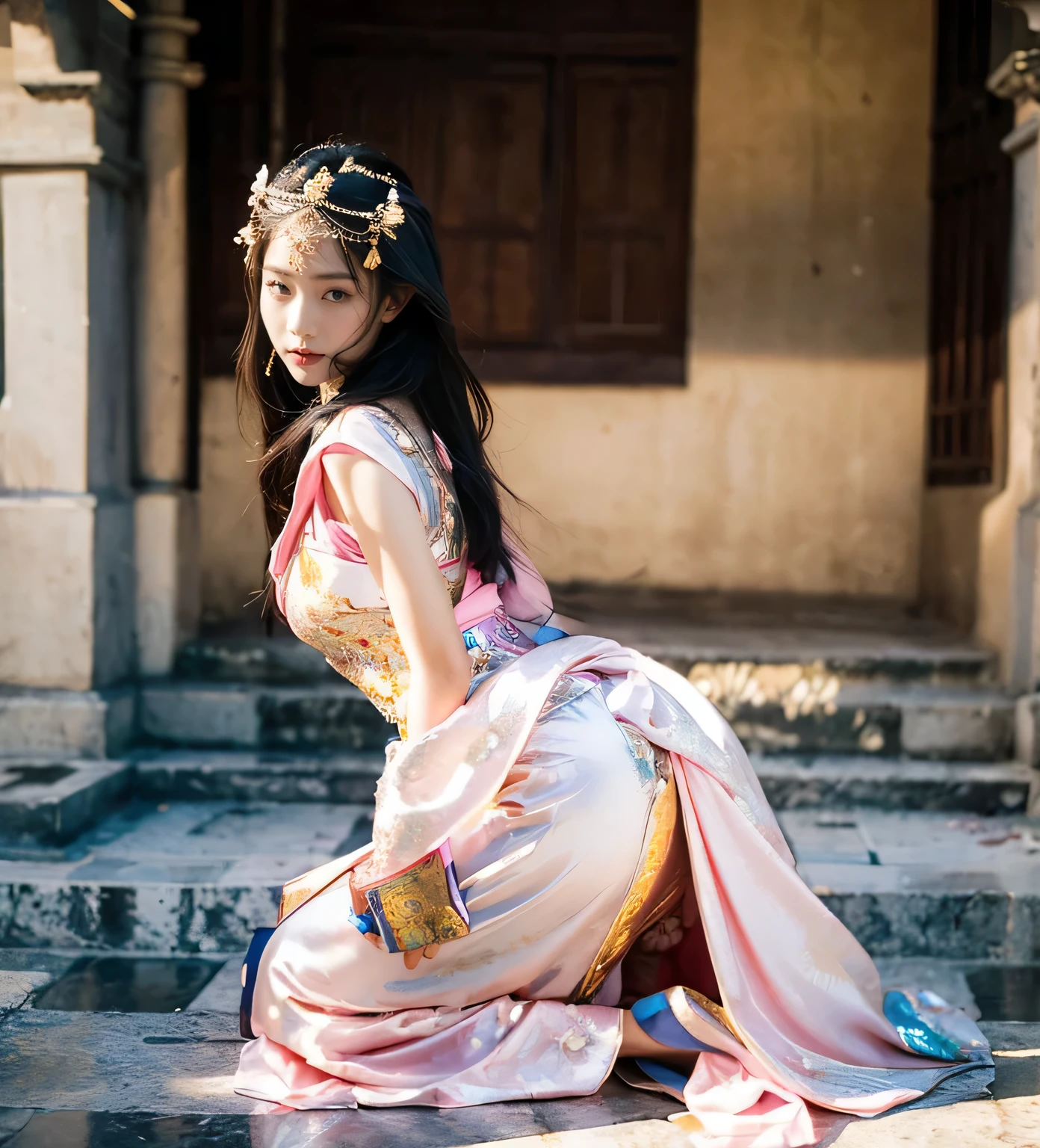 (goddess-like happiness:1.2), Gentle and lovely Filipino girl, double eyelids, peach blossom eyes, pink lips, small nose, focused face, close-up of face, super high definition, super detail, full body photo, Mestiza of the Philippines, best ratio, Philippine Style, floating hairs, Philippine Traditional Dress, (RAW photo:1.2), (photorealistic:1.4), (masterpiece:1.3), (intricate details:1.2), A glamorous Filipino beauty walks confidently and elegantly down an old streets of Philippine in Mestiza, and when she reaches the end of a footbridge, she stops and strikes a pose to show off her outfit from all angles.
