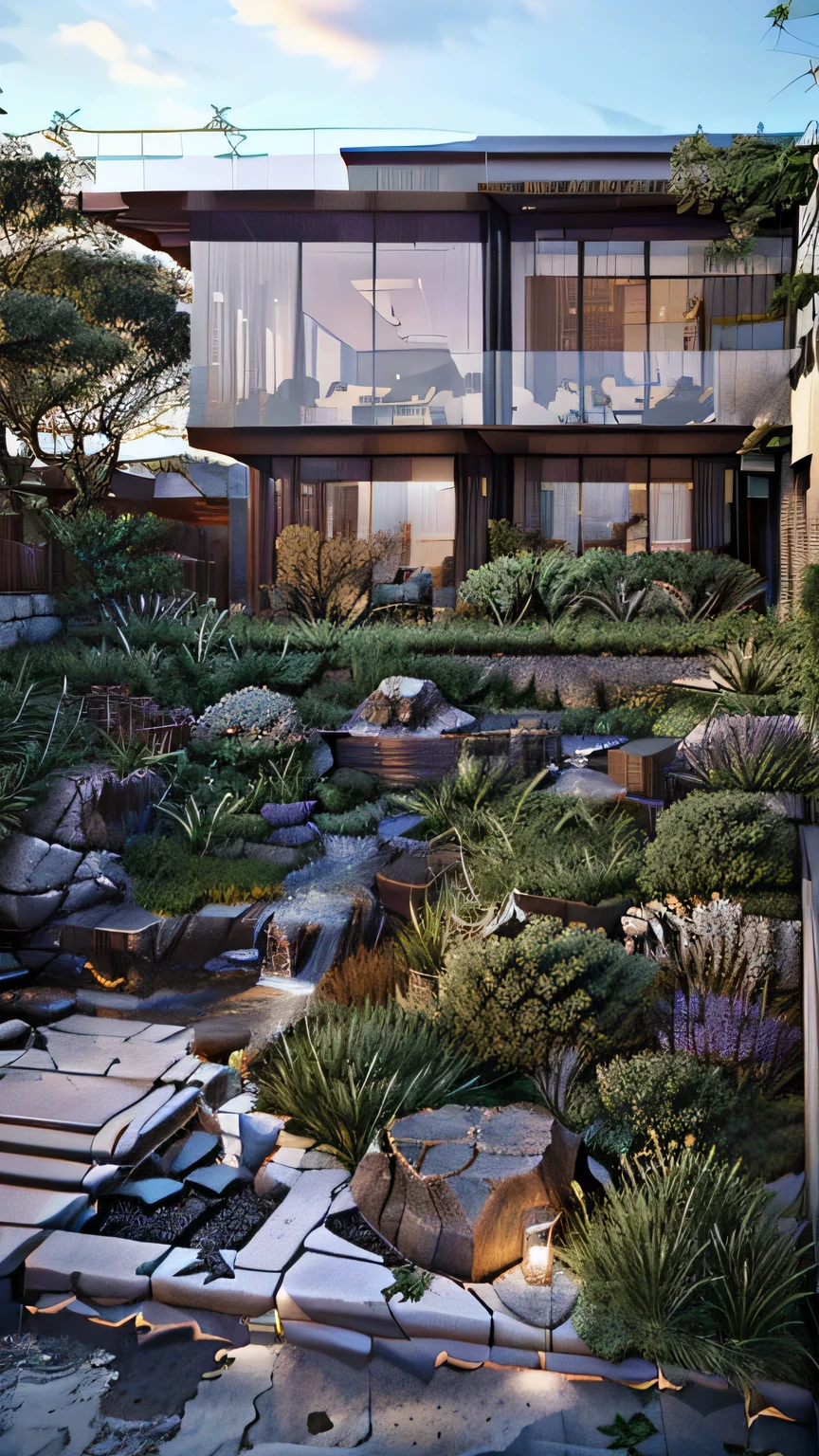 There is a small garden there，There are purple flowers and rocks inside, Realistic Garden, Rendering, Rendering in Lumion pro, rendering in enscape, Japanese Garden, Highly Detailed Rendering, Brightness Renderinging, garden environment, Fully detailed rendering, Brightness Rendering, Rendering in Lumion, beautiFully detailed rendering, Very detailed rendering, Is transparent, Highly detailed scenes，Chinese Garden，Modern courtyard，Simple style