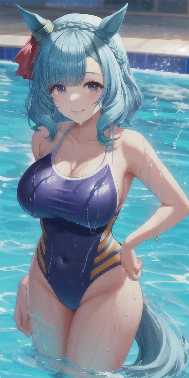 Mejiro Ardan \(umamusume\), one piece pink swimsuit, large breasts, thighs, swimming pool, (soaking wet:1.2), smiling