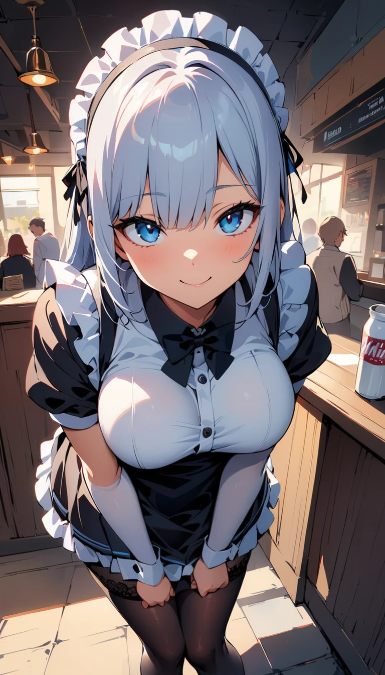 (high quality, 8k, 4K, High Contrast, masterpiece:1.2, 最high quality, Best aesthetics), , Maid, Very detailed, Seductive and erotic girl with lace headdress, smile, (Normal milk, Silver fur), Focus on the face, Focus on the face, Complex eyes, tights, laced tights, coffee shop, Ground angle shot, Viewers looking up, feet in tights, Open-chested clothing