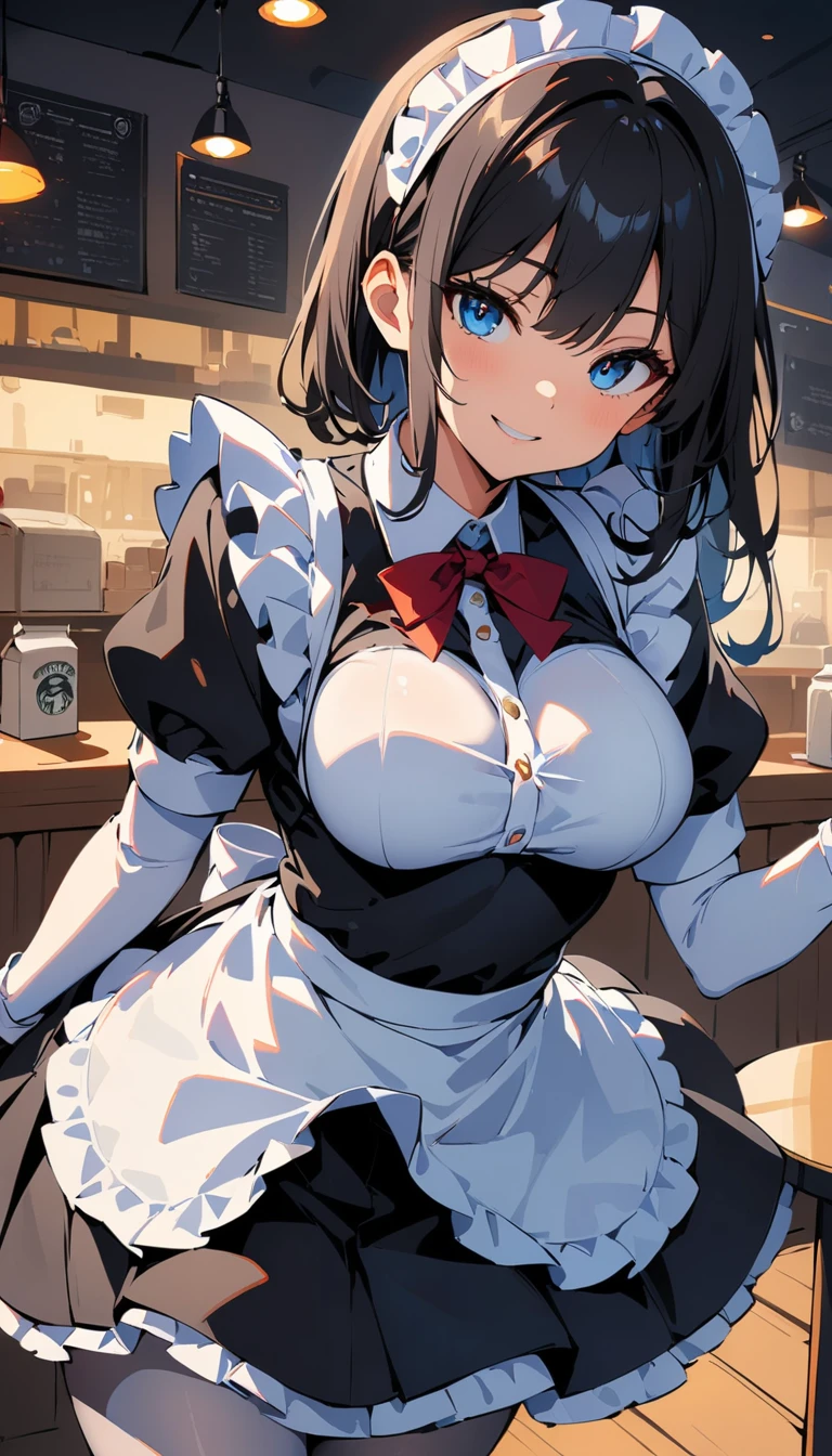 (high quality, 8k, 4K, High Contrast, masterpiece:1.2, 最high quality, Best aesthetics), , Maid, Very detailed, Seductive and erotic girl with lace headdress, smile, (Normal milk, Silver fur), Focus on the face, Focus on the face, Complex eyes, tights, laced tights, coffee shop, Ground angle shot, Viewers looking up, feet in tights, Open-chested clothing