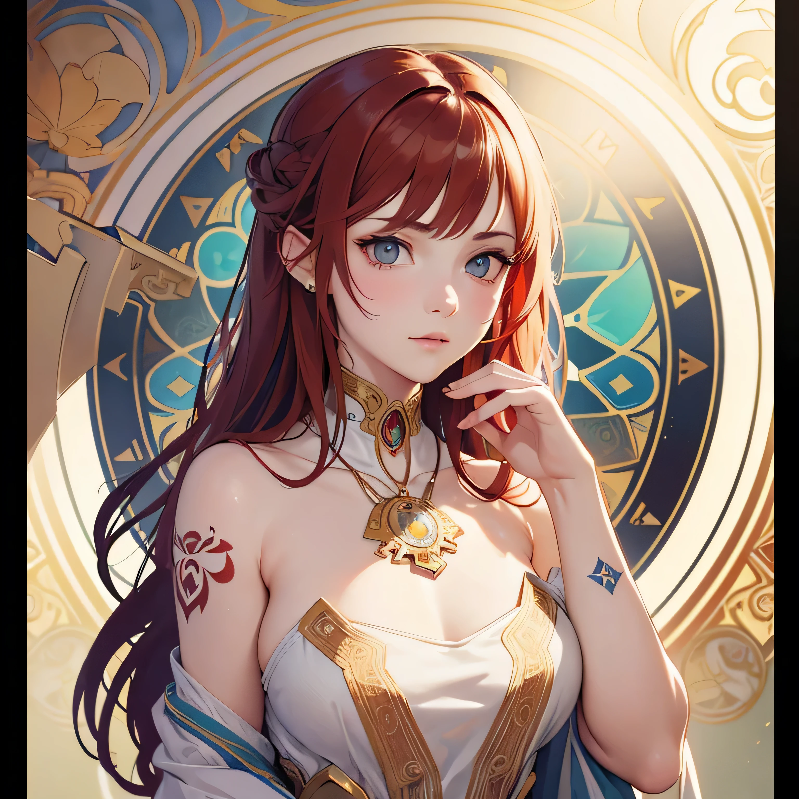 Style sticker, sticker with white edges, beautiful shiny sticker, beautiful, Tattoo vibes: I carry my passion stamped on my skin. Imagine a scene of a beautiful young woman, 18 years old, red hair with light highlights, with a tattoo on the skin, bright color, isometric background, blurred background of a tattoo studio, trending art station, 8k, resolution qlta masterpiece, realistic photography, by Alphonse Mucha, by Wlop,  