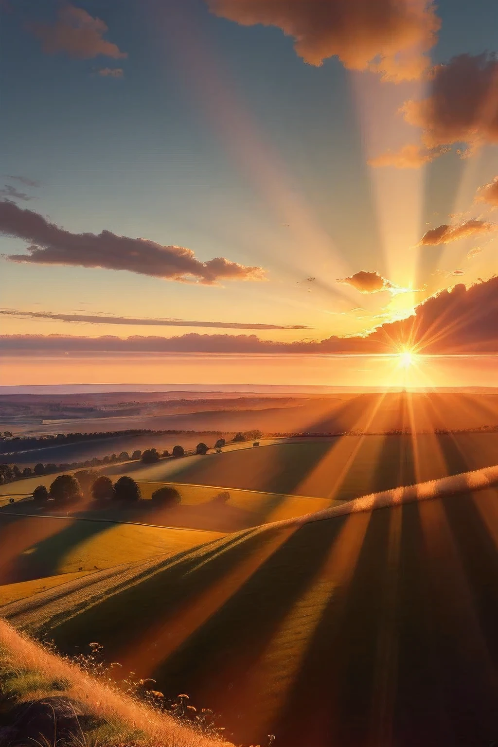 Good morning with a stunning sunrise, bathed in sunshine, portrayed in ultra realistic detail, 8K resolution. The sun peeks over the horizon, its golden rays illuminating the landscape, casting long, warm shadows on the ground, bringing the scene to life with exceptional clarity and brilliance.