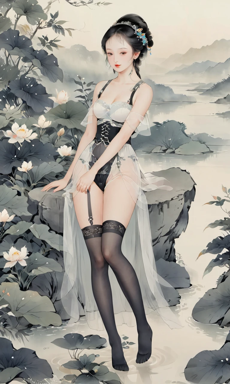 8k, masterpiece, best quality, two-dimensional, (Chinese traditional ink painting:0.2), (perfect hands:1.4),black stockings，Wearing white light tulle，The black stockings on the legs are exposed，River in the background，koyama，Small animals