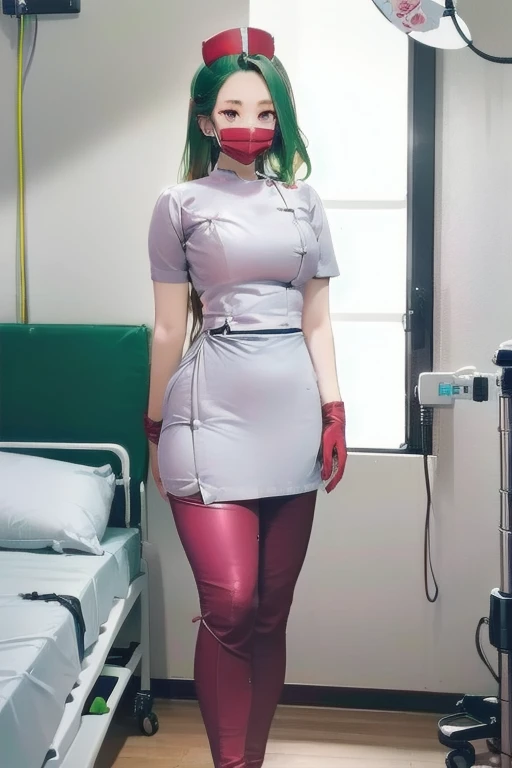 1woman, solo, nurse, nurse cap, white wear, ((red legwear, zettai ryouiki)), white gloves, forehead, long hair, green hair, pink eyes, ((white surgical mask, covered nose)), standing, ((hospital room)), sharp outline, short sleeves, mature female, 20 years old, best quality, masterpiece