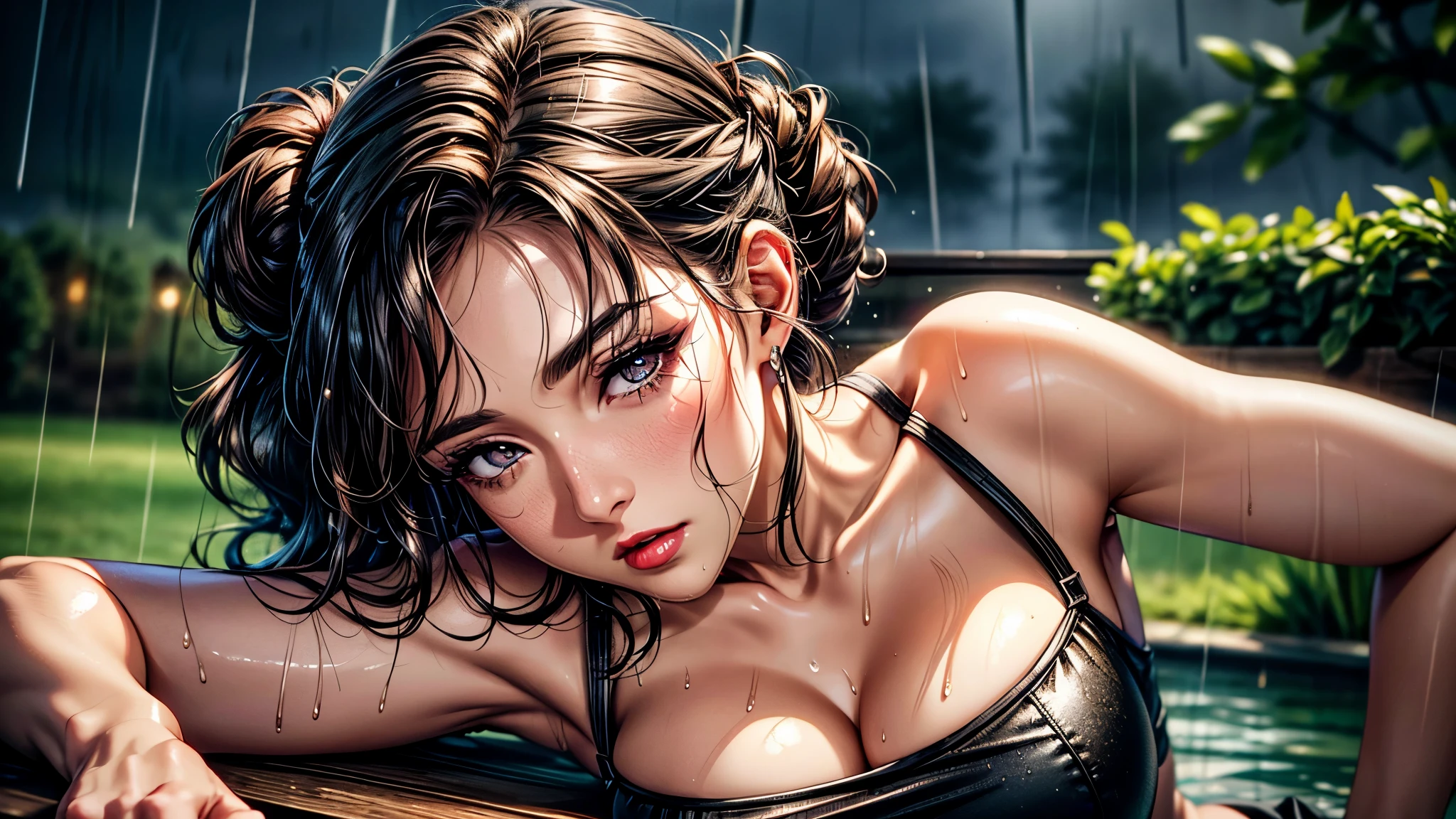 (Best quality, 4k, Masterpiece :1.3), pretty woman, 1girl, sexy :1.1, dark brown hair: 1.1, half updo half-up half-down, (rainy wet, wet from rain, wet body :1.2), white tank tops, ultra-detailed face, detailed lips, Super detailed eyes, double eyelid, long upper eyelashes, soft textured skin, 8k, super detail, UHD, retina, highres, masterpiece, award winning, ccurate