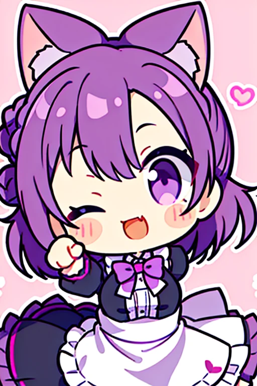 (masterpiece, best quality), chibi, close-up, portrait, 1girl, formidable_yz, head tilt, purple hair, short hair, one bun,one eye closed, fang, hand up, paw pose, cat maid,bowtie, spoken heart, pink background