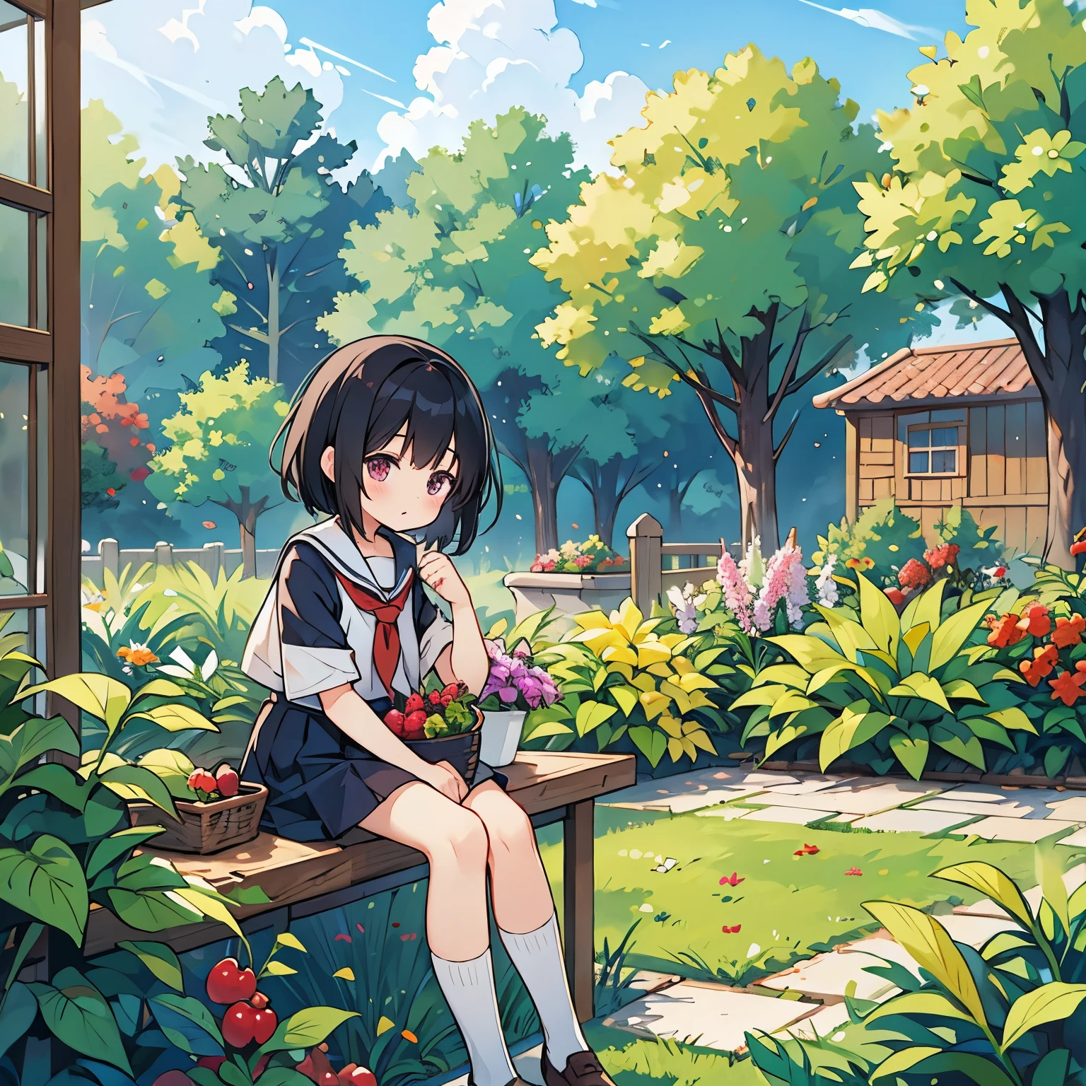 、No panties、Black Hair、Berry Short、garden、Primary school students、