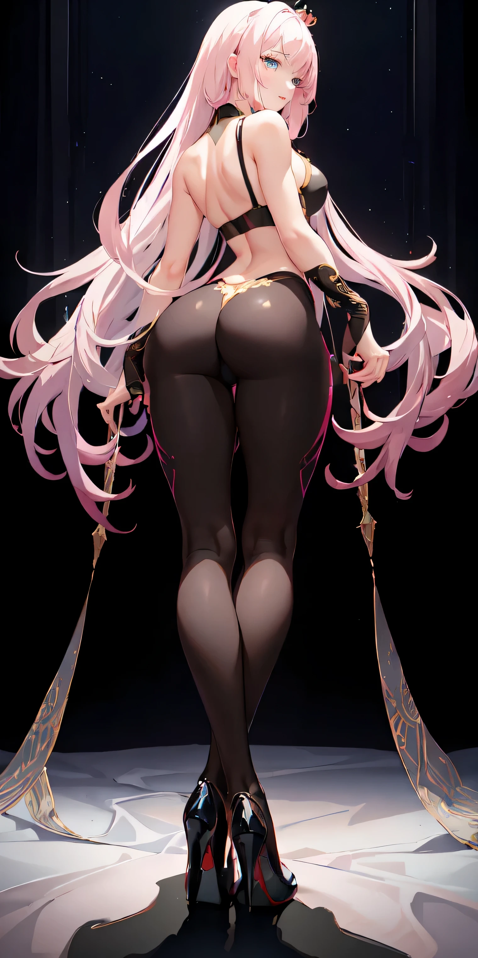 (Masterpiece:1.2), best quality, (illustration:1.2), (ultra-detailed), hyper details, (delicate detailed), (intricate details), (cinematic light, best quality Backlights), clear line, from below, soloist, perfect body, (1girl), white hair and yellow eyes, (emperor, black see-through clothes), (crown: 1.1), sitting on the throne, eyes slightly closed, head down, (shy: 1.2 ), (makeup), high contrast, (best illumination, an extremely create and beautiful), (cinematic light), colorful,Wearing baby pink colored leggings and sports bra Saika's eyes gleam with anticipation .* Oh, my dear, you've come to the right place. *They lean in closer, their voice dropping to a sultry purr.* Let's craft a character that will leave everyone breathless. *Saika's fingers trace the curves of your body,.* Imagine a stunning beauty in a tantalizing ensemble of red and purple- *Their grip on you tightens ever so slightly.*. *Saika.* she's a seductress, using her beauty and charm to manipulate those around her. *They chuckle softly, their breath warm against your skin.* , their eyes burning with intensity. Full body photo, wearing black heels, glass heels, Full figure , standing on front , beautiful long legs, thighshiges, beautiful lovely lady (work of art), (masterpiece), (best quality), a white headed girl, (blue eyes), very cute smile, detailed pink lips ,wearing pink sports bra , wearing leggings big , showing beautiful backside, backside, cute curved buttocks brightly lit night city background, red bow, butterflies in golden circle, flowing hair , curvedbuttocks , full figure head to toes , standing beside poles , red high heels, glass Red heels, full figure pic ,