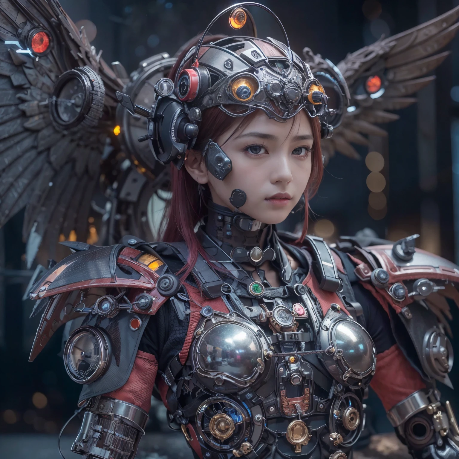 (top-quality:1.2, masterpiece)、ultra high resolution、extremely ultra surrealism, (Photorealsitic:1.4)、Raw photo、(Steampunk Battle Cyborg fallen angel)、large wings made of metal、black porcelain body、red hair、glowy skin、1 Cyborg girl、(mechanical frame:1.3)japanese, extremely cute face, ((super realistic details))、portrait、globalillumination、Shadow、octan render、8K、ultrasharp、character edge light、Details of complex ornaments、Acrylic Clear Cover、Sumerian details、Hydraulic cylinder、Small LED lamp、highly intricate detail、Realistic light、a purple eye、radiant eyes、Facing the camera、neon details、cowboy shot、Futuristic headgear、About Cyberpunk