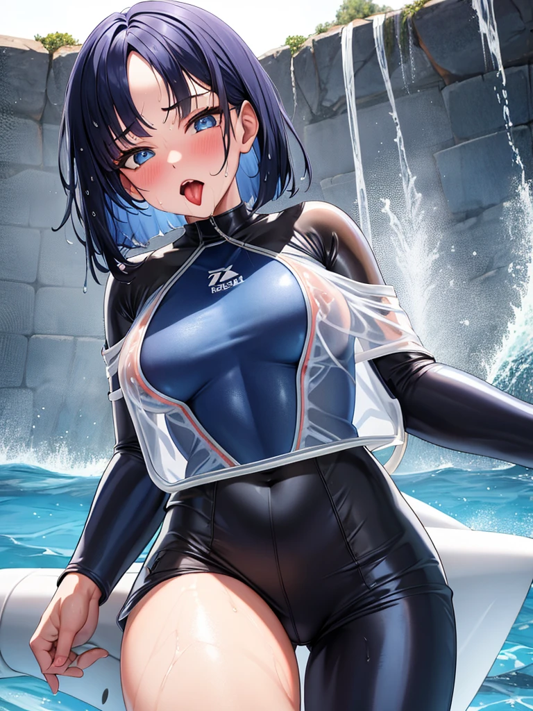masterpiece, ultra-detailed, best quality, extremely detailed, 8k, high res, realistic, 1girl, 18yo, beautiful girl,(rolling eyes), (half closed eyes),(narrowed eyes:1.2),(open mouth), (tongue out:1.2),(blush:1.2),(wet suit:1.4),(wet see-through:1.3), (half undress:1.6),blue beautiful eyes, medium bob hair, (asymmetrical parted bangs), (dark blue beautiful hair), navel exposed, lie on one's back, looking at viewer,white background, cowboy shot,