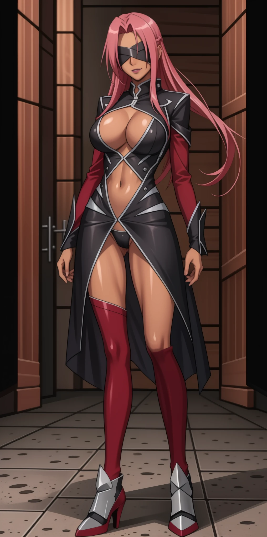 (masterpiece, HI quality: 1.1) 1girl full body standing good face, nice ass, hairstyle: braid, Color Hair: long hair, Blindfolded: NO EYES, Skin: White (porcelain skin, sparkly skin), muscular, thighs, Mature woman, Abs, looks at the viewer smiling, extremely huge breasts, maternal, chest cover with clothes (Ingrid/Ingrid (Taimanin Series) LoRA) (Ingrid/Ingrid (Taimanin Series) LoRA) (Hell knight ingrid (anime style) Demon Knight Ingrid (OVA))