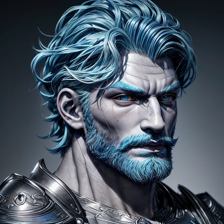 A man poseidon head,blue hair,with a perfect sculptural realistic,with silver mediaval armor, and potrait, ultra realistic, HD,  