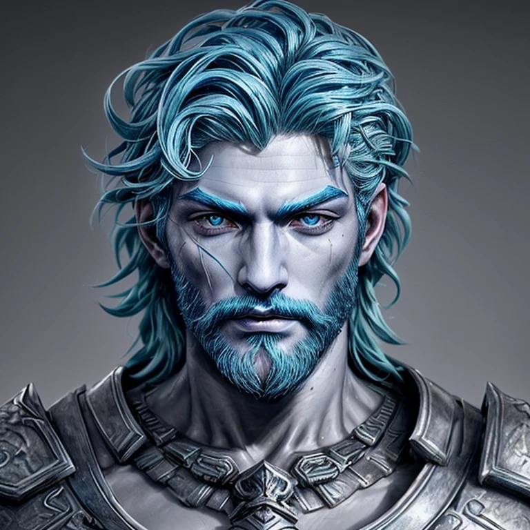 A man poseidon head,blue hair,with a perfect sculptural realistic,with silver mediaval armor, and potrait, ultra realistic, HD,