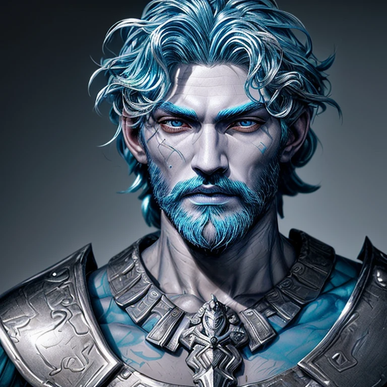 A man poseidon head,blue hair,with a perfect sculptural realistic,with silver mediaval armor, and potrait, ultra realistic, HD,  
