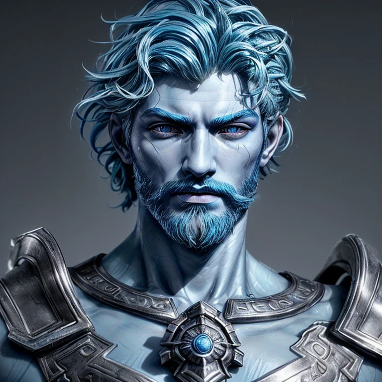 A man poseidon head,blue hair,with a perfect sculptural realistic,with silver mediaval armor, and potrait, ultra realistic, HD,