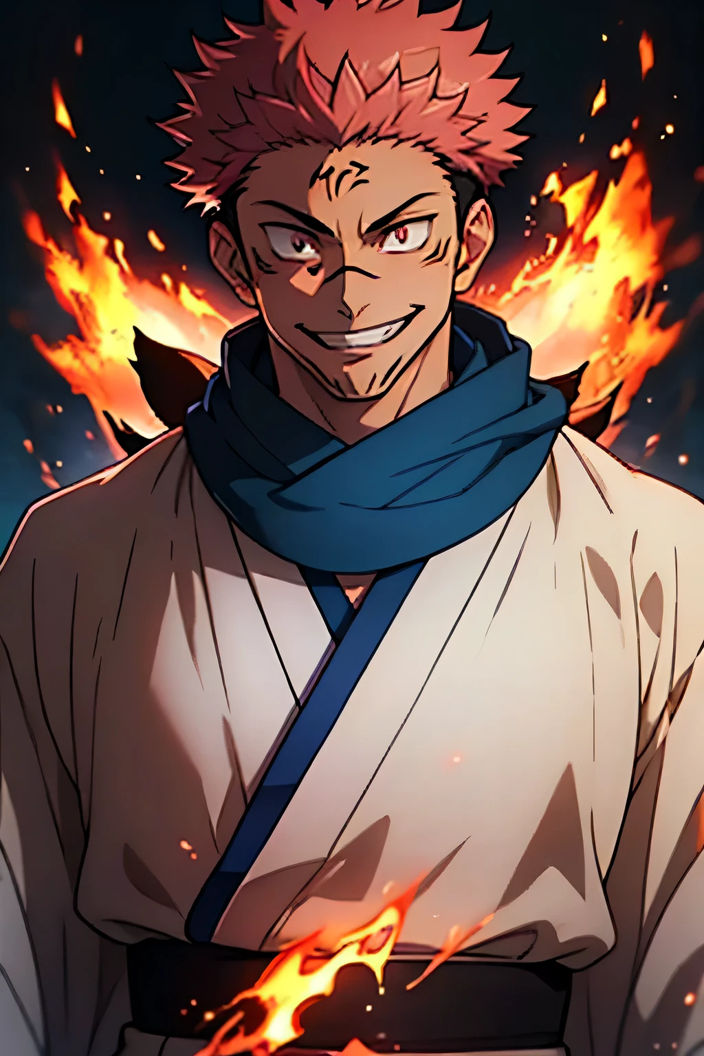 (masterpiece), best quality, (((upper body))),RyomenSukuna,1man, Evil smile, fire light, flames in eyes background，yuji itadori， blue scarf,japanese clothes,white kimono,