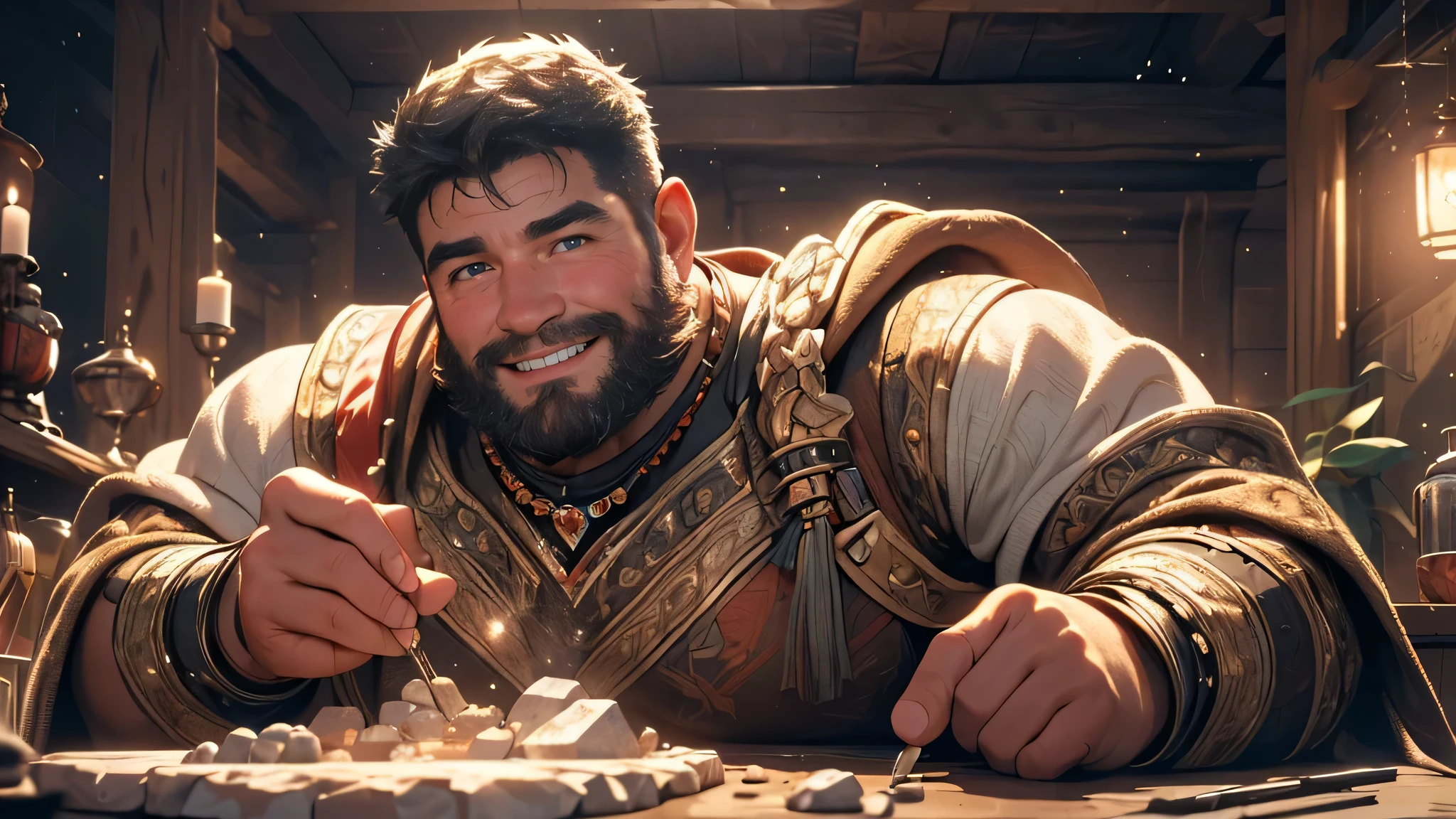 (best quality,4k,8k,highres,masterpiece:1.2),ultra-detailed,(realistic,photorealistic,photo-realistic:1.37),a cheerful dwarf with a well-built and stocky physique is tirelessly digging for valuable minerals in a dimly lit mine. His face is adorned with a bright smile