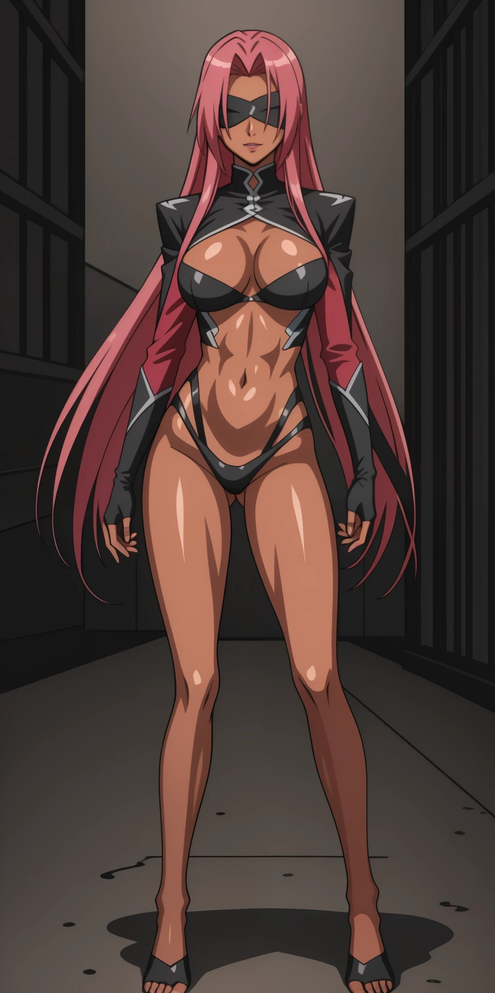 (masterpiece, HI quality: 1.1) 1girl full body standing good face, nice ass, hairstyle: braid, Color Hair: long hair, Blindfolded: NO EYES, Skin: White (porcelain skin, sparkly skin), muscular, thighs, Mature woman, Abs, looks at the viewer smiling, extremely huge breasts, maternal, chest cover with clothes (Ingrid/Ingrid (Taimanin Series) LoRA) (Ingrid/Ingrid (Taimanin Series) LoRA) (Hell knight ingrid (anime style) Demon Knight Ingrid (OVA))