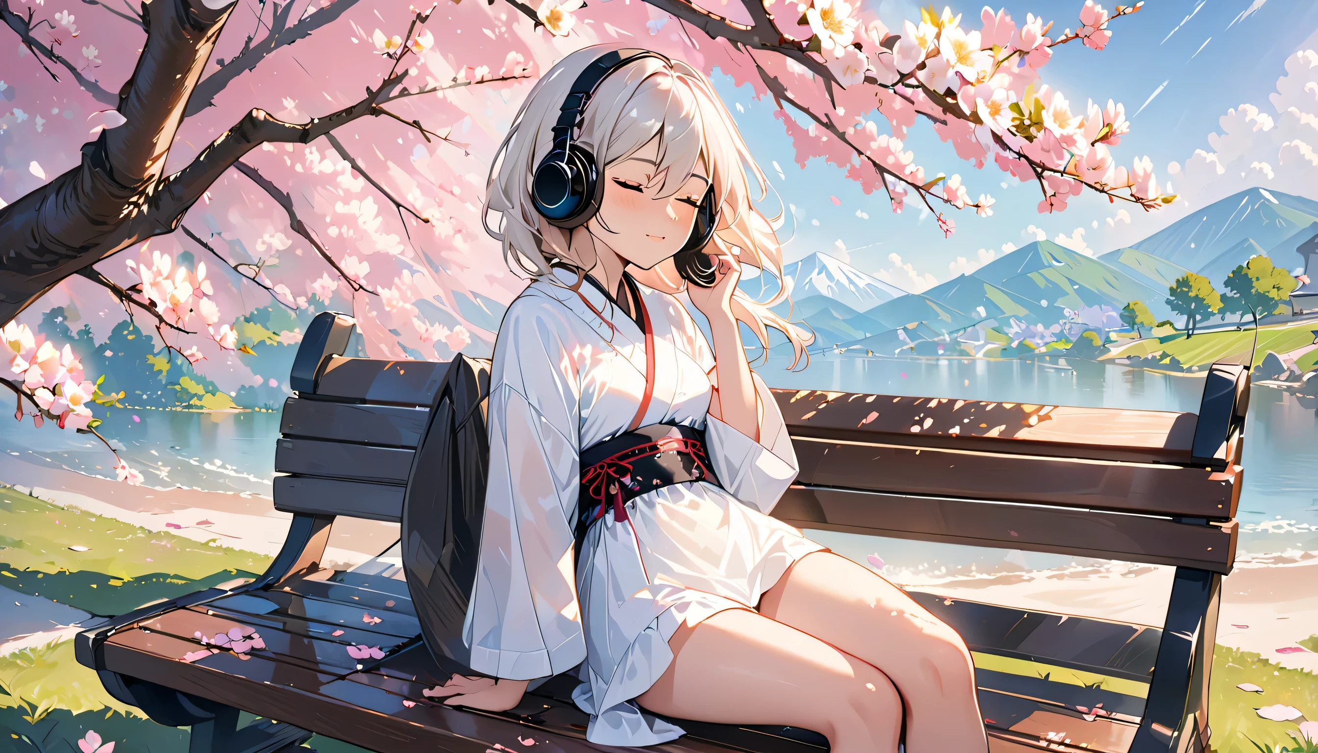 ((best quality)), ((masterpiece)), (detailed), perfect face, sitting under the cherry blossom tree, listening to music, One woman, wearing headphones, eyes closed, wearing underwear, underwear is transparent, sitting on a bench