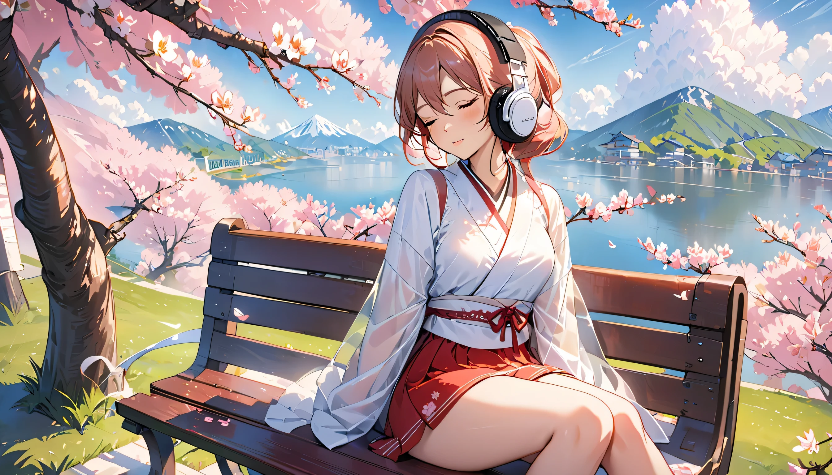 ((best quality)), ((masterpiece)), (detailed), perfect face, sitting under the cherry blossom tree, listening to music, One woman, wearing headphones, eyes closed, wearing underwear, underwear is transparent, sitting on a bench