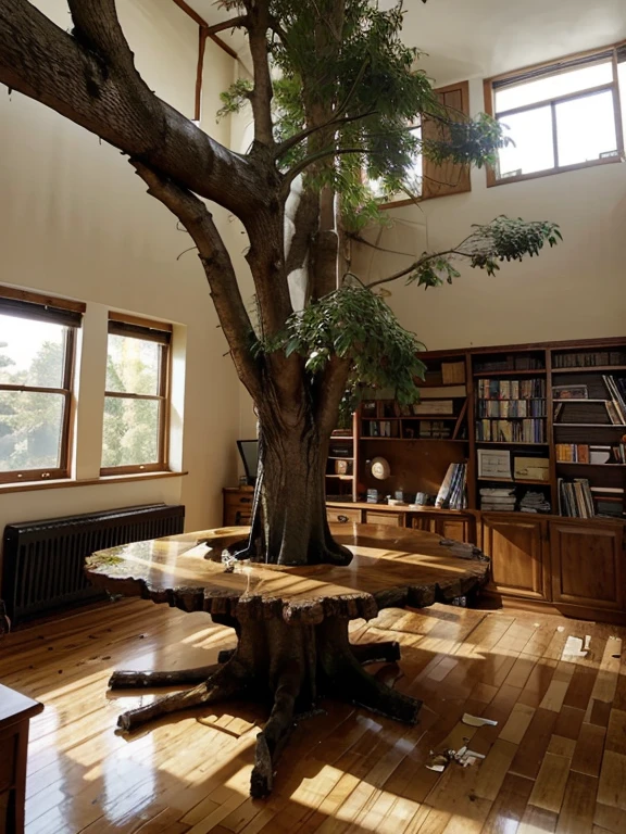 A room with a 3m tall tree in the center Bookshelf and table A large tree that broke through the ceiling