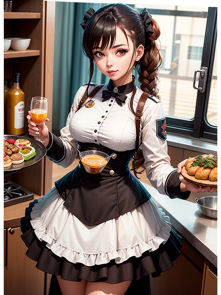 Menina anime em uma cozinha segurando uma garrafa de vinho, detalhes finos. meninas da linha de frente, de meninas da linha de frente, meninas estilo linha de frente, Meninas da linha de frente cg, meninas da linha de frente, Universo Girls Frontline, ( waitress ) garota, Vestindo o uniforme da RR Diner, arte oficial, Arte Oficial, ❤🔥🍄🌪, arte oficial altamente detalhada, arte oficial do personagem, garota misteriosa da cafeteria ( cabelos longos)  ( 5-fingered hands ) (perfect hands )