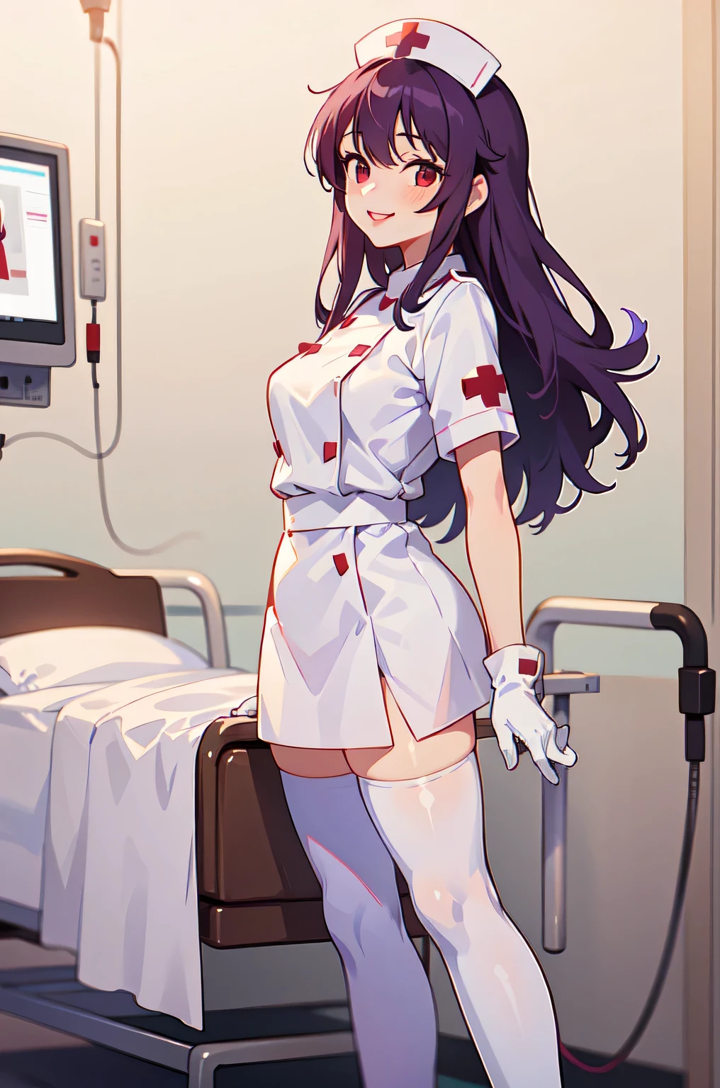 1woman, solo, nurse, white nurse cap, white nurse uniform, ((white legwear, zettai ryouiki)), white gloves, long hair, purple hair, red eyes, pink lips, smile, standing, ((hospital room)), sharp outline, short sleeves, mature female, 35 years old, best quality, masterpiece