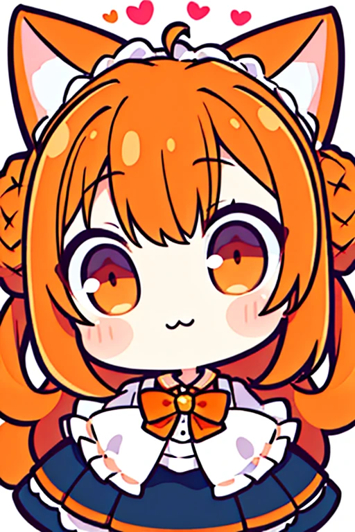 (masterpiece, best quality), chibi, close-up, portrait, 1girl, formidable_yz, head tilt, orange hair,one bun,cat maid,bowtie, spoken heart, white background
