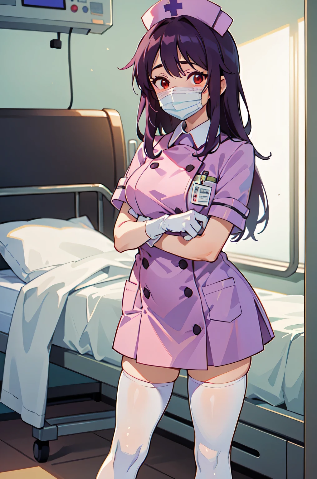1woman, solo, nurse, nurse cap, white wear, ((white legwear, zettai ryouiki)), white gloves, long hair, purple hair, red eyes, ((white surgical mask, covered nose)), standing, ((hospital room)), sharp outline, short sleeves, mature female, 35 years old, best quality, masterpiece