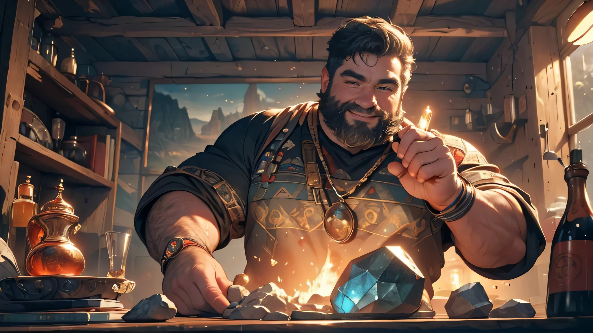 (best quality,4k,8k,highres,masterpiece:1.2),ultra-detailed,(realistic,photorealistic,photo-realistic:1.37),a cheerful dwarf with a well-built and stocky physique is tirelessly digging for valuable minerals in a dimly lit mine.