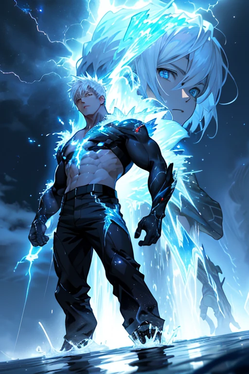 Lightning-eyed anime standing on a meteorite with the power of lightning and water fighting against a cool half-ice, half-fire demon.