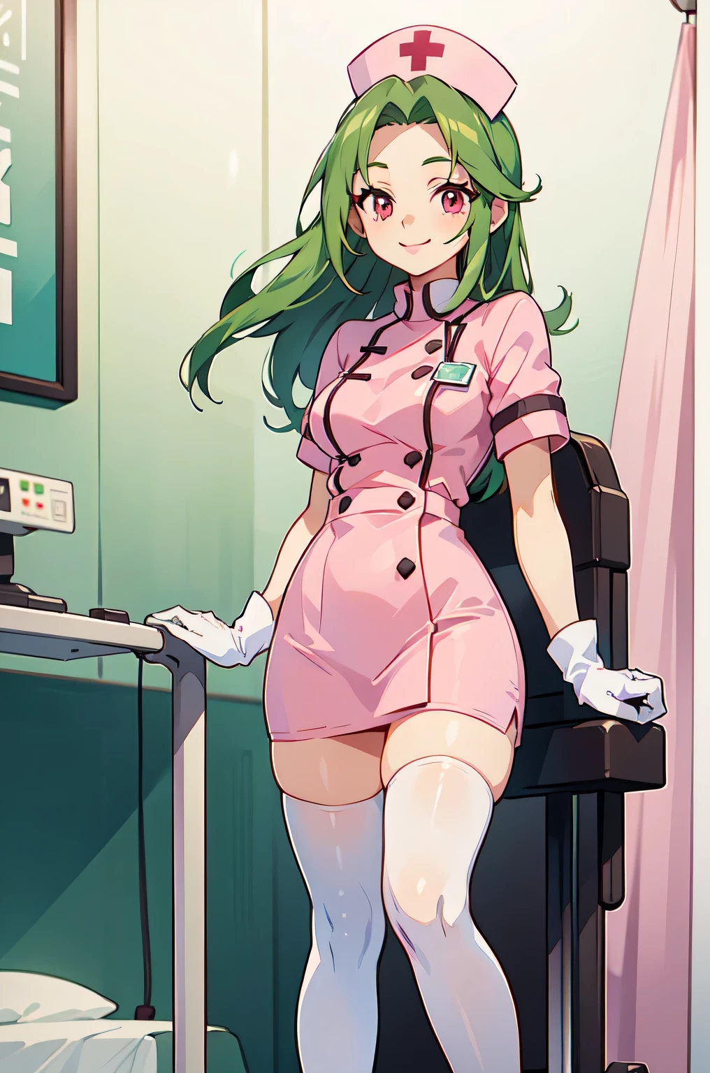 1woman, solo, nurse, white nurse cap, white nurse uniform, ((white legwear, zettai ryouiki)), white gloves, forehead, long hair, green hair, pink eyes, pink lips, smile, standing, ((hospital room)), sharp outline, short sleeves, mature female, 35 years old, best quality, masterpiece