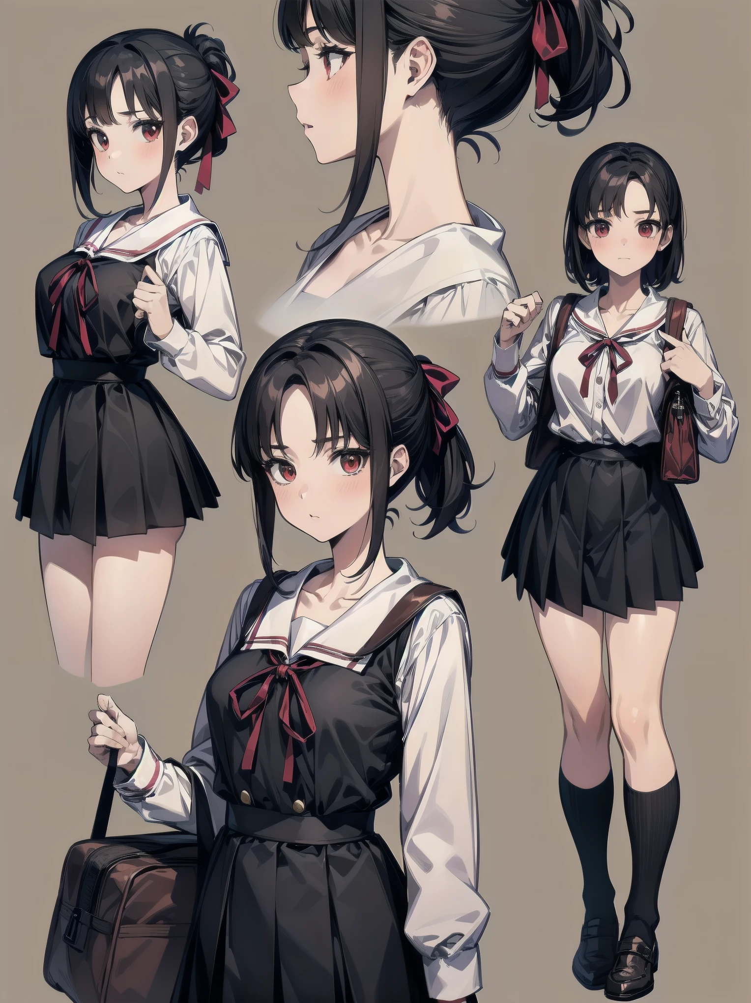 Masterpiece, top quality, super detailed, 16k, One girl, spring, high school, warm colors, school bag, accurate and highly detailed background, flock of schoolgirls in uniforms of various body shapes and hairstyles, cute. Blake. kaguya shinomiya, red eyes, black hair, ribbon, red ribbon, hair ribbon, parted bangs, folded ponytail, , shuuchiin academy , dress, sidelocks, breasts, black dress, collarbone, short hair, long sleeves