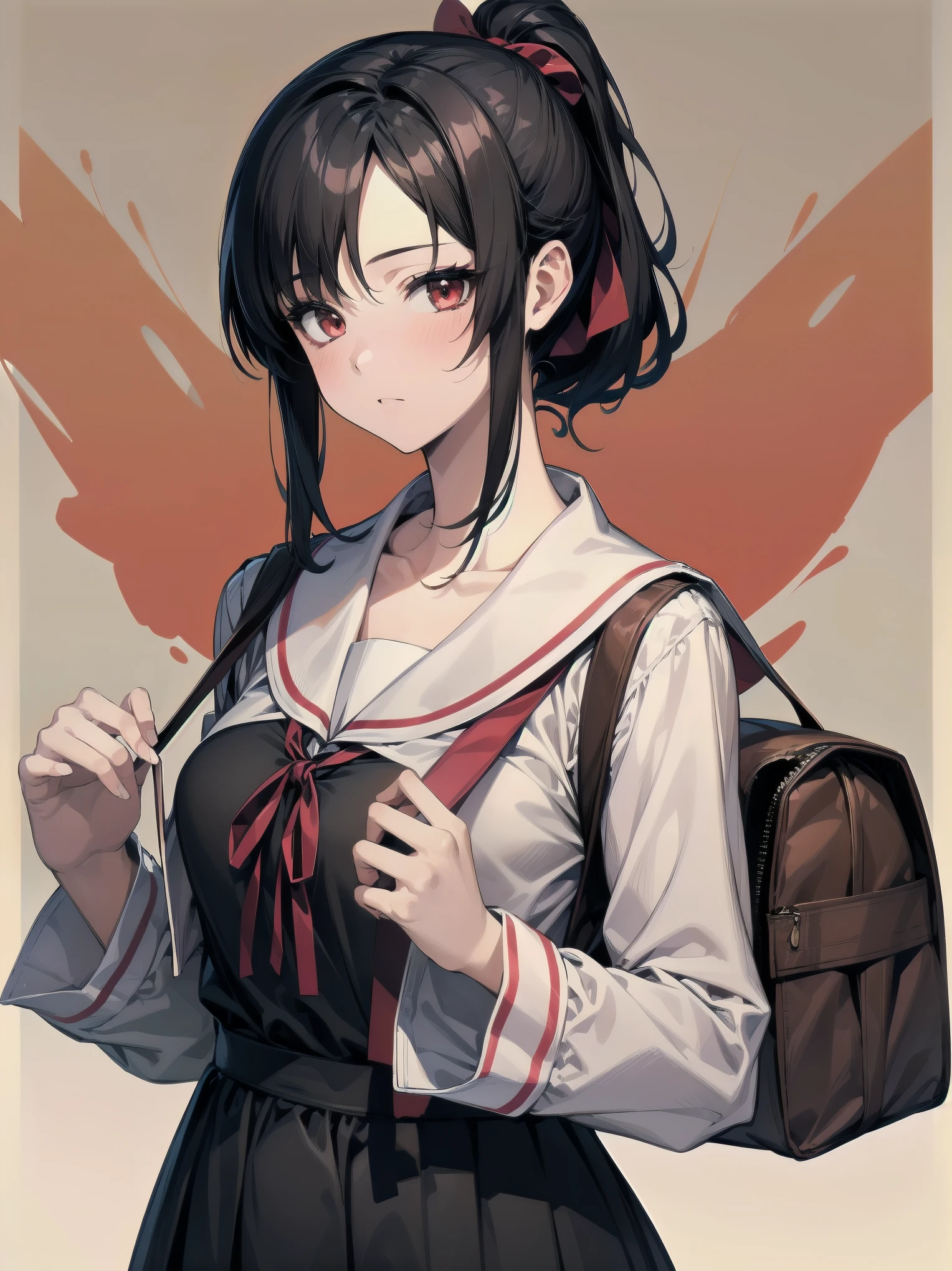 Masterpiece, top quality, super detailed, 16k, One girl, spring, high school, warm colors, school bag, accurate and highly detailed background, flock of schoolgirls in uniforms of various body shapes and hairstyles, cute. Blake. kaguya shinomiya, red eyes, black hair, ribbon, red ribbon, hair ribbon, parted bangs, folded ponytail, , shuuchiin academy , dress, sidelocks, breasts, black dress, collarbone, short hair, long sleeves
