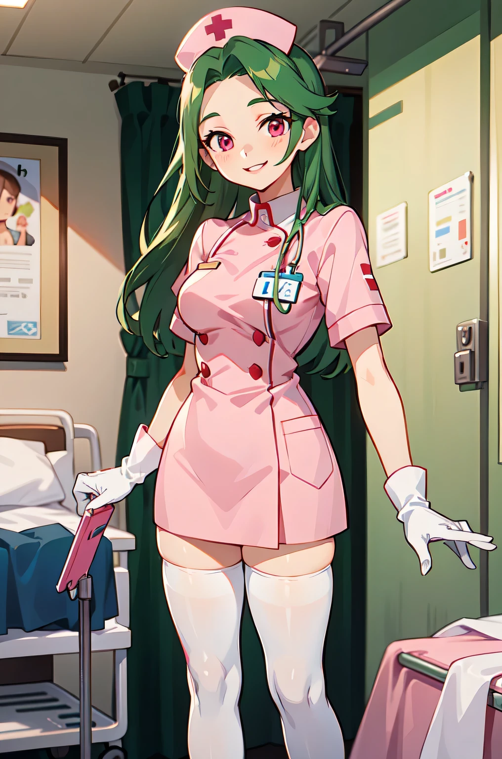 1woman, solo, nurse, white nurse cap, white nurse uniform, ((white legwear, zettai ryouiki)), white gloves, forehead, long hair, green hair, pink eyes, pink lips, smile, standing, ((hospital room)), sharp outline, short sleeves, mature female, 35 years old, best quality, masterpiece
