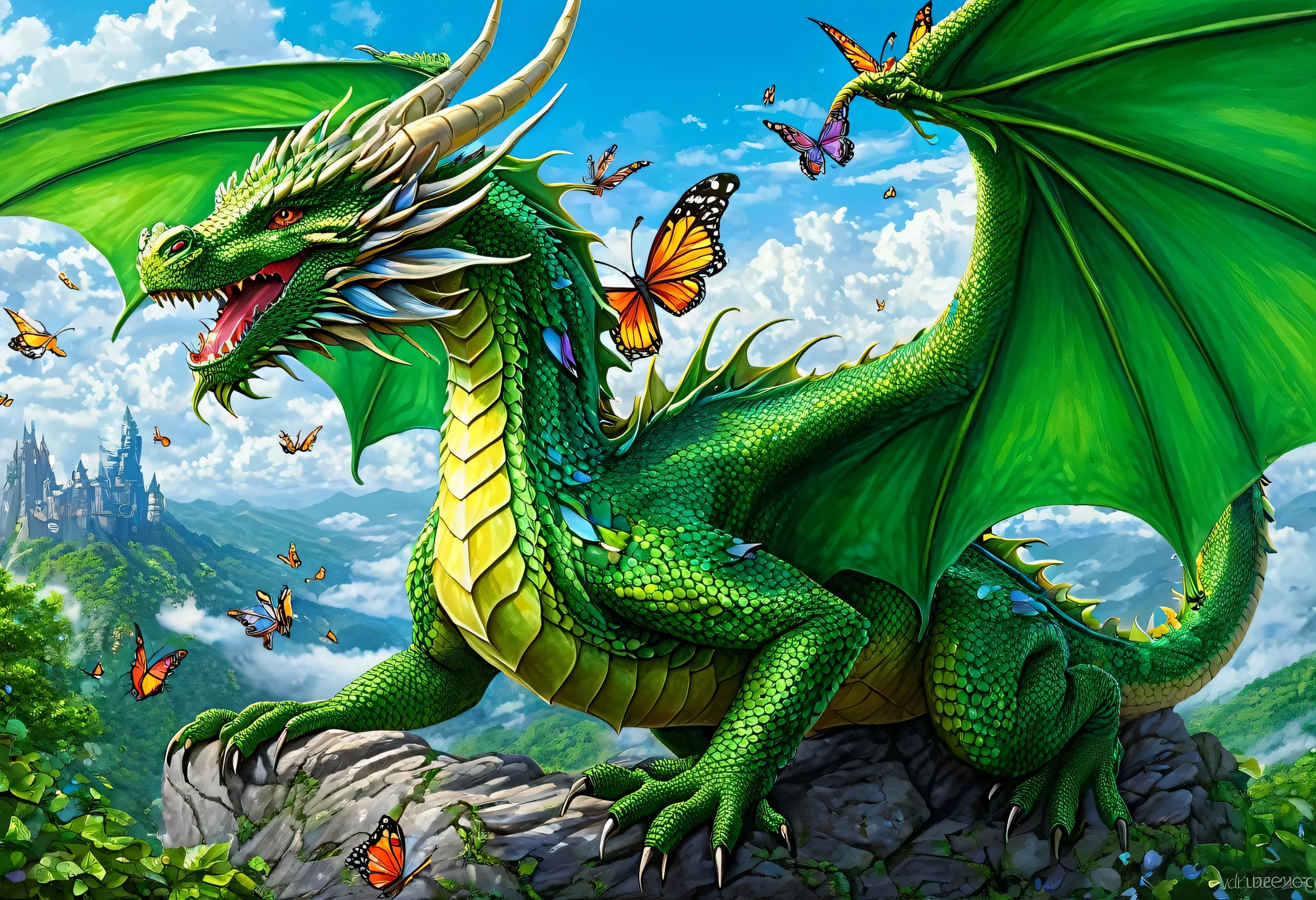 A dragon with butterflies flying in the sky, Detailed fantasy art, Vibrant colors、Attention to detail, green dragon, highly Detailed fantasy art, super detailed color art, Attention to detailColor, Colorful and detailed art, Dragon Art, Mythical creatures, Highly detailed painting, Magic fantasy highly detailed, Highly detailed painting, detailed dragon, Detailed fantasy illustrations, With a giant dragon in the background