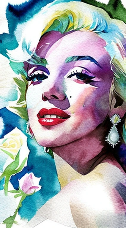 close up photo of Marilyn Monroe, off shoulder , watrcolor style, (rose) digital art, white background, among the roses, official art, blown by the wind, masterpiece, beautiful, ((watercolor)), paint splatter, intricate detail. Great detail, [dripping:0.7], Trending on Artstation, Rachel Walker