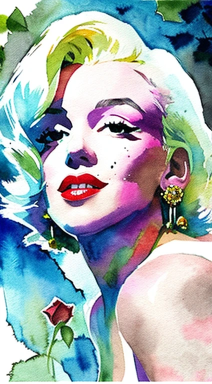 close up photo of Marilyn Monroe, off shoulder , watrcolor style, (rose) digital art, white background, among the roses, official art, blown by the wind, masterpiece, beautiful, ((watercolor)), paint splatter, intricate detail. Great detail, [dripping:0.7], Trending on Artstation, Rachel Walker